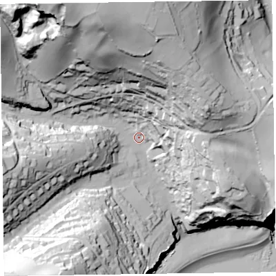Shaded relief map of the ground around EX123JD, computed from Environment Agency LiDAR. The ground here sits at about 27 m above sea level and falls 113 m across the surrounding 800 m. Surface water reaching this point runs off ground lying to the north-north-west, 84.7 m higher.
