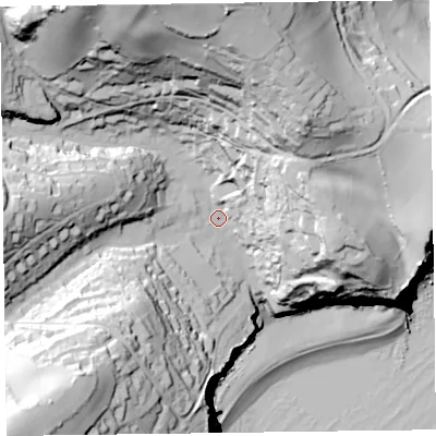 Shaded relief map of the ground around EX123JG, computed from Environment Agency LiDAR. The ground here sits at about 23 m above sea level and falls 104 m across the surrounding 800 m. Surface water reaching this point runs off ground lying to the north, 78.5 m higher.