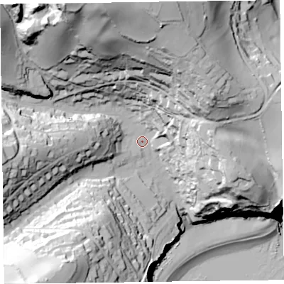 Shaded relief map of the ground around EX123JH, computed from Environment Agency LiDAR. The ground here sits at about 25 m above sea level and falls 109 m across the surrounding 800 m. Surface water reaching this point runs off ground lying to the north-north-west, 82.6 m higher.