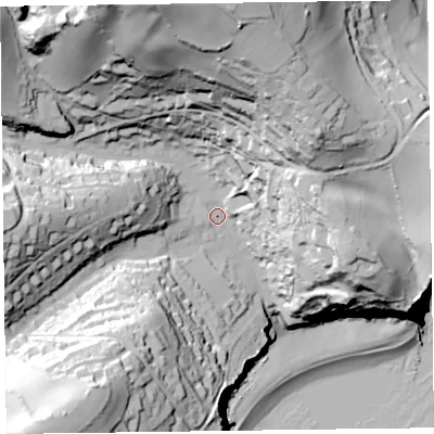 Shaded relief map of the ground around EX123JQ, computed from Environment Agency LiDAR. The ground here sits at about 24 m above sea level and falls 106 m across the surrounding 800 m. Surface water reaching this point runs off ground lying to the north, 80.3 m higher.