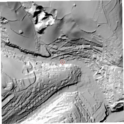 Shaded relief map of the ground around EX123JU, computed from Environment Agency LiDAR. The ground here sits at about 31 m above sea level and falls 110 m across the surrounding 800 m. Surface water reaching this point runs off ground lying to the north, 81.8 m higher.