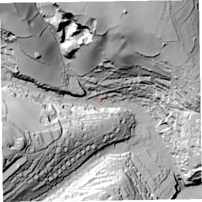 Shaded relief map of the ground around EX123JX, computed from Environment Agency LiDAR. The ground here sits at about 33 m above sea level and falls 108 m across the surrounding 800 m. Surface water reaching this point runs off ground lying to the north, 81.9 m higher.