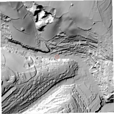 Shaded relief map of the ground around EX123JY, computed from Environment Agency LiDAR. The ground here sits at about 32 m above sea level and falls 109 m across the surrounding 800 m. Surface water reaching this point runs off ground lying to the north, 81.1 m higher.