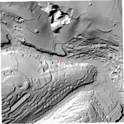 Shaded relief map of the ground around EX123LB, computed from Environment Agency LiDAR. The ground here sits at about 35 m above sea level and falls 108 m across the surrounding 800 m. Surface water reaching this point runs off ground lying to the west-south-west, 74.4 m higher.