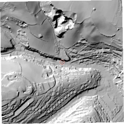 Shaded relief map of the ground around EX123LF, computed from Environment Agency LiDAR. The ground here sits at about 36 m above sea level and falls 94 m across the surrounding 800 m. Surface water reaching this point runs off ground lying to the north-west, 78.4 m higher.