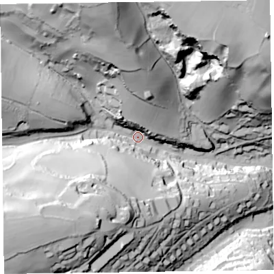 Shaded relief map of the ground around EX123LH, computed from Environment Agency LiDAR. The ground here sits at about 43 m above sea level and falls 91 m across the surrounding 800 m. Surface water reaching this point runs off ground lying to the north-north-west, 77.3 m higher.