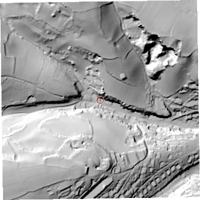 Shaded relief map of the ground around EX123LJ, computed from Environment Agency LiDAR. The ground here sits at about 45 m above sea level and falls 92 m across the surrounding 800 m. Surface water reaching this point runs off ground lying to the north-north-west, 77.8 m higher.