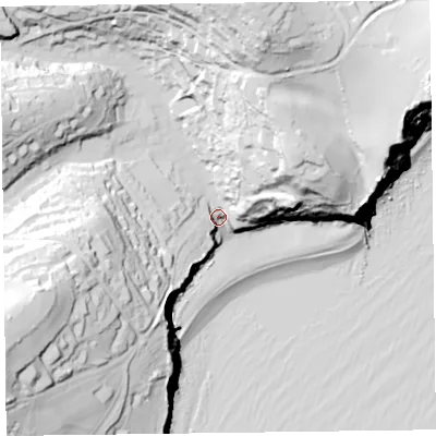 Shaded relief map of the ground around EX123NE, computed from Environment Agency LiDAR. The ground here sits at about 15 m above sea level and falls 96 m across the surrounding 800 m. Surface water reaching this point runs off ground lying to the north, 77.7 m higher.