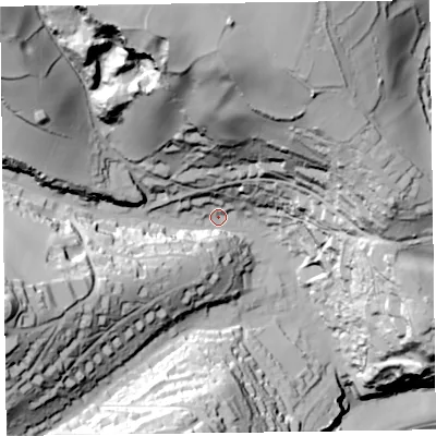 Shaded relief map of the ground around EX123NF, computed from Environment Agency LiDAR. The ground here sits at about 30 m above sea level and falls 111 m across the surrounding 800 m. Surface water reaching this point runs off ground lying to the north-north-west, 83.5 m higher.