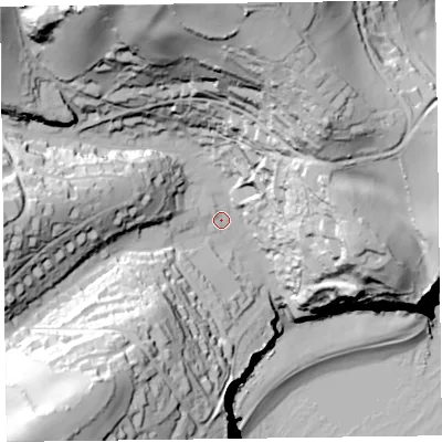 Shaded relief map of the ground around EX123RA, computed from Environment Agency LiDAR. The ground here sits at about 24 m above sea level and falls 104 m across the surrounding 800 m. Surface water reaching this point runs off ground lying to the north, 78.1 m higher.