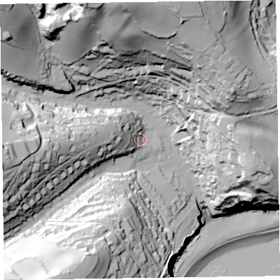Shaded relief map of the ground around EX123RB, computed from Environment Agency LiDAR. The ground here sits at about 28 m above sea level and falls 108 m across the surrounding 800 m. Surface water reaching this point runs off ground lying to the west, 25.1 m higher.