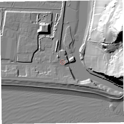 Shaded relief map of the ground around EX124AA, computed from Environment Agency LiDAR. The ground here sits at about 3 m above sea level and falls 84 m across the surrounding 800 m. Surface water reaching this point runs off ground lying to the north-west, 3.0 m higher.