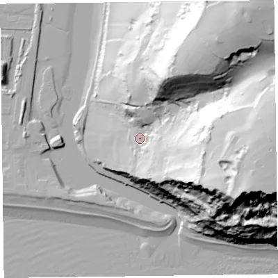 Shaded relief map of the ground around EX124AB, computed from Environment Agency LiDAR. The ground here sits at about 23 m above sea level and falls 116 m across the surrounding 800 m. Surface water reaching this point runs off ground lying to the east-south-east, 91.2 m higher.