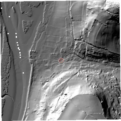Shaded relief map of the ground around EX124AF, computed from Environment Agency LiDAR. The ground here sits at about 6 m above sea level and falls 122 m across the surrounding 800 m. Surface water reaching this point runs off ground lying to the north-east, 115.3 m higher.