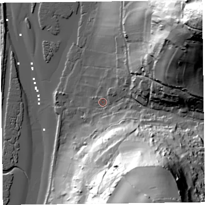 Shaded relief map of the ground around EX124AG, computed from Environment Agency LiDAR. The ground here sits at about 6 m above sea level and falls 114 m across the surrounding 800 m. Surface water reaching this point runs off ground lying to the north-east, 106.4 m higher.