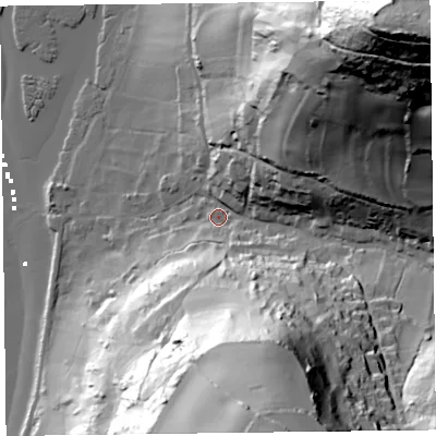 Shaded relief map of the ground around EX124AJ, computed from Environment Agency LiDAR. The ground here sits at about 9 m above sea level and falls 129 m across the surrounding 800 m. Surface water reaching this point runs off ground lying to the north-east, 120.8 m higher.