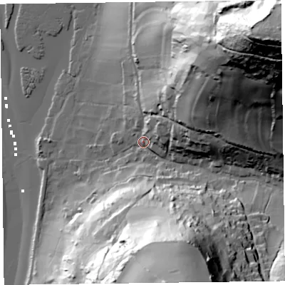 Shaded relief map of the ground around EX124AQ, computed from Environment Agency LiDAR. The ground here sits at about 10 m above sea level and falls 128 m across the surrounding 800 m. Surface water reaching this point runs off ground lying to the north-east, 121.1 m higher.