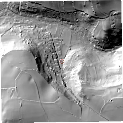 Shaded relief map of the ground around EX124AS, computed from Environment Agency LiDAR. The ground here sits at about 40 m above sea level and falls 108 m across the surrounding 800 m. Surface water reaching this point runs off ground lying to the south-east, 77.7 m higher.