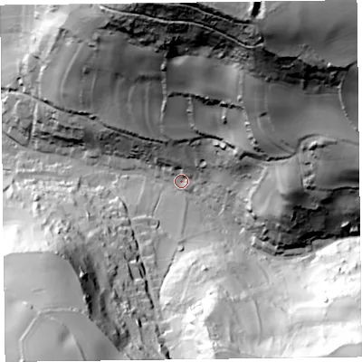 Shaded relief map of the ground around EX124AU, computed from Environment Agency LiDAR. The ground here sits at about 19 m above sea level and falls 128 m across the surrounding 800 m. Surface water reaching this point runs off ground lying to the north-north-east, 113.5 m higher.