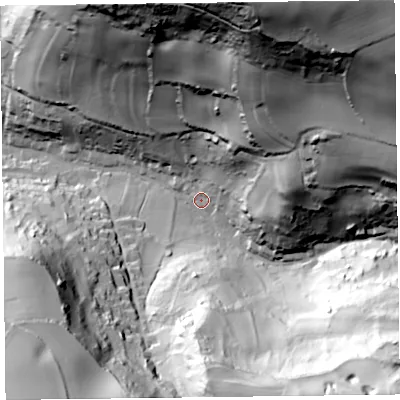Shaded relief map of the ground around EX124AX, computed from Environment Agency LiDAR. The ground here sits at about 21 m above sea level and falls 121 m across the surrounding 800 m. Surface water reaching this point runs off ground lying to the north-north-east, 110.4 m higher.