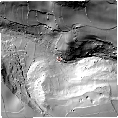 Shaded relief map of the ground around EX124AY, computed from Environment Agency LiDAR. The ground here sits at about 27 m above sea level and falls 104 m across the surrounding 800 m. Surface water reaching this point runs off ground lying to the south-east, 93.0 m higher.
