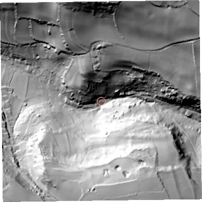 Shaded relief map of the ground around EX124AZ, computed from Environment Agency LiDAR. The ground here sits at about 32 m above sea level and falls 105 m across the surrounding 800 m. Surface water reaching this point runs off ground lying to the north-east, 90.0 m higher.
