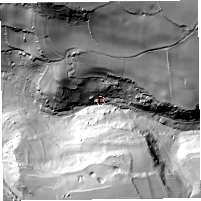 Shaded relief map of the ground around EX124BA, computed from Environment Agency LiDAR. The ground here sits at about 40 m above sea level and falls 106 m across the surrounding 800 m. Surface water reaching this point runs off ground lying to the north-east, 88.3 m higher.