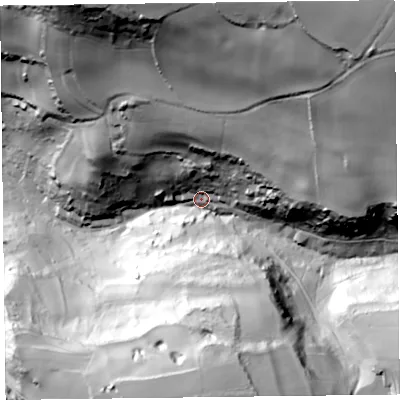 Shaded relief map of the ground around EX124BB, computed from Environment Agency LiDAR. The ground here sits at about 42 m above sea level and falls 105 m across the surrounding 800 m. Surface water reaching this point runs off ground lying to the north-east, 86.0 m higher.