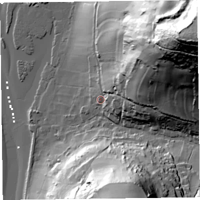 Shaded relief map of the ground around EX124BG, computed from Environment Agency LiDAR. The ground here sits at about 11 m above sea level and falls 128 m across the surrounding 800 m. Surface water reaching this point runs off ground lying to the north-east, 116.6 m higher.