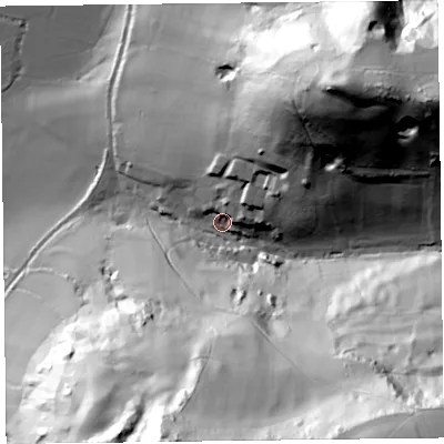 Shaded relief map of the ground around EX124BJ, computed from Environment Agency LiDAR. The ground here sits at about 24 m above sea level and falls 120 m across the surrounding 800 m. Surface water reaching this point runs off ground lying to the north-east, 74.4 m higher.