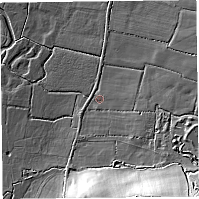 Shaded relief map of the ground around EX124BP, computed from Environment Agency LiDAR. The ground here sits at about 6 m above sea level and falls 21 m across the surrounding 800 m. Surface water reaching this point runs off ground lying to the east-north-east, 6.1 m higher.