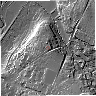 Shaded relief map of the ground around EX135ED, computed from Environment Agency LiDAR. The ground here sits at about 52 m above sea level and falls 46 m across the surrounding 800 m. Surface water reaching this point runs off ground lying to the south-west, 1.3 m higher.