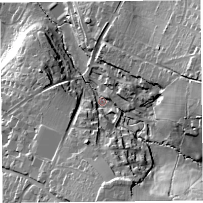 Shaded relief map of the ground around EX135EE, computed from Environment Agency LiDAR. The ground here sits at about 41 m above sea level and falls 44 m across the surrounding 800 m. Surface water reaching this point runs off ground lying to the south-south-east, 34.2 m higher.