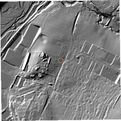 Shaded relief map of the ground around EX135HN, computed from Environment Agency LiDAR. The ground here sits at about 46 m above sea level and falls 49 m across the surrounding 800 m. Surface water reaching this point runs off ground lying to the south-east, 23.9 m higher.