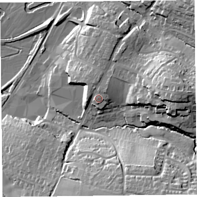 Shaded relief map of the ground around EX135JR, computed from Environment Agency LiDAR. The ground here sits at about 40 m above sea level and falls 39 m across the surrounding 800 m. Surface water reaching this point runs off ground lying to the east, 19.7 m higher.