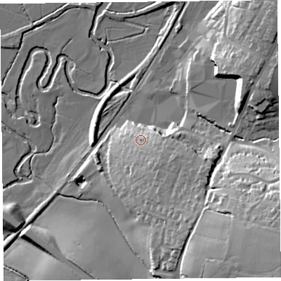 Shaded relief map of the ground around EX135JY, computed from Environment Agency LiDAR. The ground here sits at about 33 m above sea level and falls 38 m across the surrounding 800 m. Surface water reaching this point runs off ground lying to the east-south-east, 7.6 m higher.