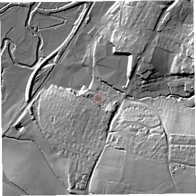 Shaded relief map of the ground around EX135JZ, computed from Environment Agency LiDAR. The ground here sits at about 33 m above sea level and falls 44 m across the surrounding 800 m. Surface water reaching this point runs off ground lying to the south, 8.2 m higher.