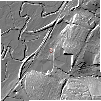 Shaded relief map of the ground around EX135PG, computed from Environment Agency LiDAR. The ground here sits at about 26 m above sea level and falls 35 m across the surrounding 800 m. Surface water reaching this point runs off ground lying to the east, 16.7 m higher.
