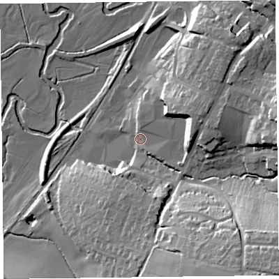 Shaded relief map of the ground around EX135PQ, computed from Environment Agency LiDAR. The ground here sits at about 28 m above sea level and falls 40 m across the surrounding 800 m. Surface water reaching this point runs off ground lying to the east-north-east, 14.4 m higher.