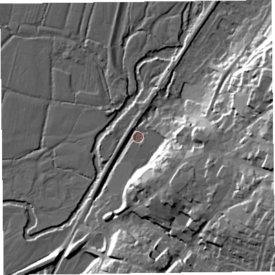 Shaded relief map of the ground around EX135PU, computed from Environment Agency LiDAR. The ground here sits at about 25 m above sea level and falls 30 m across the surrounding 800 m. Surface water reaching this point runs off ground lying to the east-south-east, 27.3 m higher.