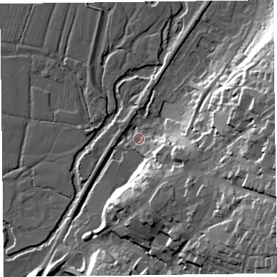 Shaded relief map of the ground around EX135PX, computed from Environment Agency LiDAR. The ground here sits at about 27 m above sea level and falls 34 m across the surrounding 800 m. Surface water reaching this point runs off ground lying to the east-south-east, 29.0 m higher.