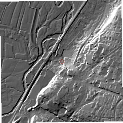 Shaded relief map of the ground around EX135PY, computed from Environment Agency LiDAR. The ground here sits at about 27 m above sea level and falls 35 m across the surrounding 800 m. Surface water reaching this point runs off ground lying to the east-south-east, 27.0 m higher.