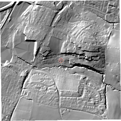 Shaded relief map of the ground around EX135QP, computed from Environment Agency LiDAR. The ground here sits at about 36 m above sea level and falls 45 m across the surrounding 800 m. Surface water reaching this point runs off ground lying to the east-north-east, 22.7 m higher.