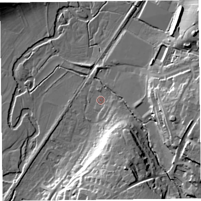 Shaded relief map of the ground around EX135QR, computed from Environment Agency LiDAR. The ground here sits at about 31 m above sea level and falls 30 m across the surrounding 800 m. Surface water reaching this point runs off ground lying to the south-east, 4.3 m higher.