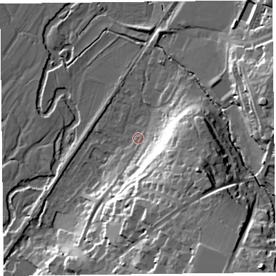 Shaded relief map of the ground around EX135QS, computed from Environment Agency LiDAR. The ground here sits at about 29 m above sea level and falls 39 m across the surrounding 800 m. Surface water reaching this point runs off ground lying to the south-east, 22.7 m higher.