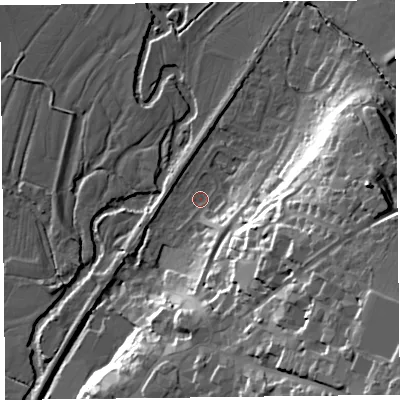 Shaded relief map of the ground around EX135QW, computed from Environment Agency LiDAR. The ground here sits at about 27 m above sea level and falls 38 m across the surrounding 800 m. Surface water reaching this point runs off ground lying to the east-south-east, 25.3 m higher.