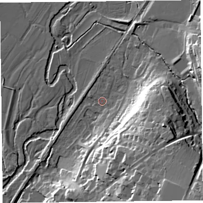 Shaded relief map of the ground around EX135RG, computed from Environment Agency LiDAR. The ground here sits at about 28 m above sea level and falls 36 m across the surrounding 800 m. Surface water reaching this point runs off ground lying to the east-south-east, 25.8 m higher.