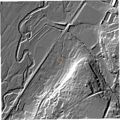 Shaded relief map of the ground around EX135RH, computed from Environment Agency LiDAR. The ground here sits at about 29 m above sea level and falls 33 m across the surrounding 800 m. Surface water reaching this point runs off ground lying to the south-east, 19.8 m higher.
