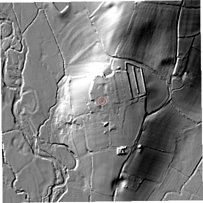 Shaded relief map of the ground around EX135RJ, computed from Environment Agency LiDAR. The ground here sits at about 44 m above sea level and falls 43 m across the surrounding 800 m. Surface water reaching this point runs off ground lying to the north-east, 3.5 m higher.