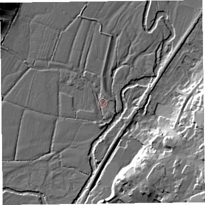 Shaded relief map of the ground around EX135RL, computed from Environment Agency LiDAR. The ground here sits at about 26 m above sea level and falls 26 m across the surrounding 800 m. Surface water reaching this point runs off ground lying to the north, 3.6 m higher.